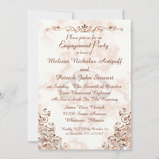 Invitación Marble Rosa Gold Rings Elegant Engagement Party (Anverso)