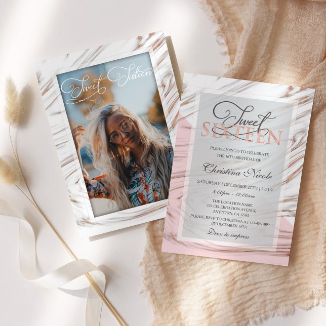 Invitación Marble Rosa Gold Sweet 16 Cumpleaños (Subido por el creador)