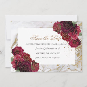 Invitación Marble Roses Roses Quinceañera salva la fecha