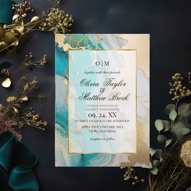Invitación Marble Turquesa moderno y Boda de oro (Subido por el creador)