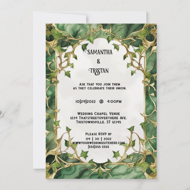 Invitación Marble verde acuarela marfil Trim elegante matrimo (Anverso)