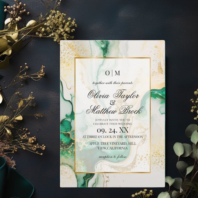 Invitación Marble verde esmeralda moderno y Boda de oro (Subido por el creador)
