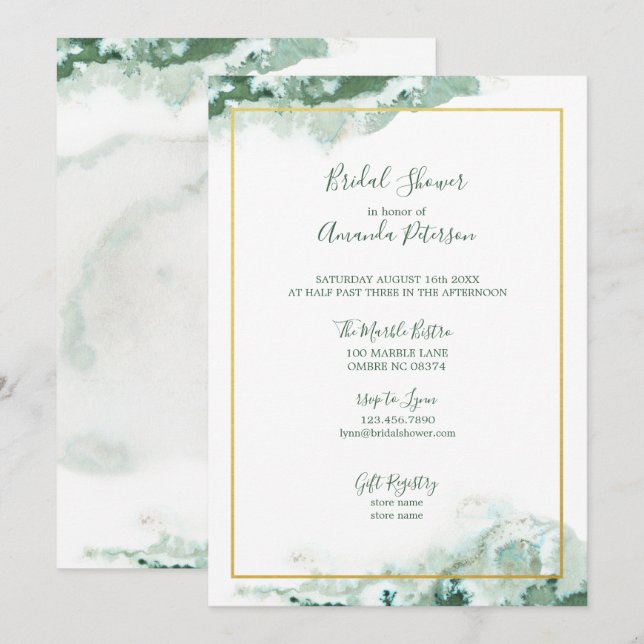 Invitación Marble verde Ombre marco dorado ducha de novia (Anverso / Reverso)