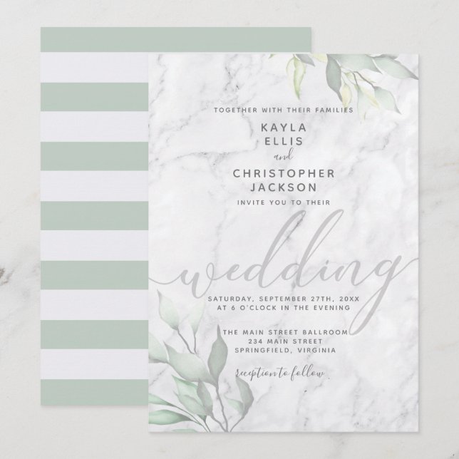Invitación Marble Watercolor Floral Caligrafía Boda (Anverso / Reverso)