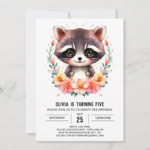 Invitación Marca de agua editable Raccoon Chica Cumpleaños
