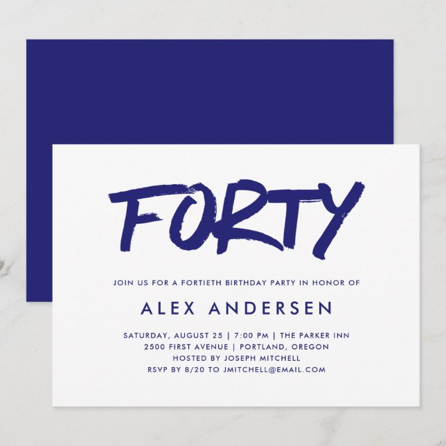 Invitación Marcador moderno| 40º cumpleaños de Navy Blue (Anverso / Reverso)