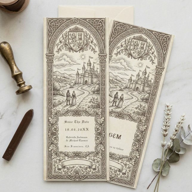 Invitación Marcapáginas de boda con cresta medieval para Save (Subido por el creador)