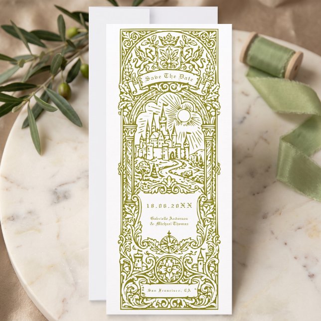 Invitación Marcapáginas de boda verde medieval para guardar l (Subido por el creador)