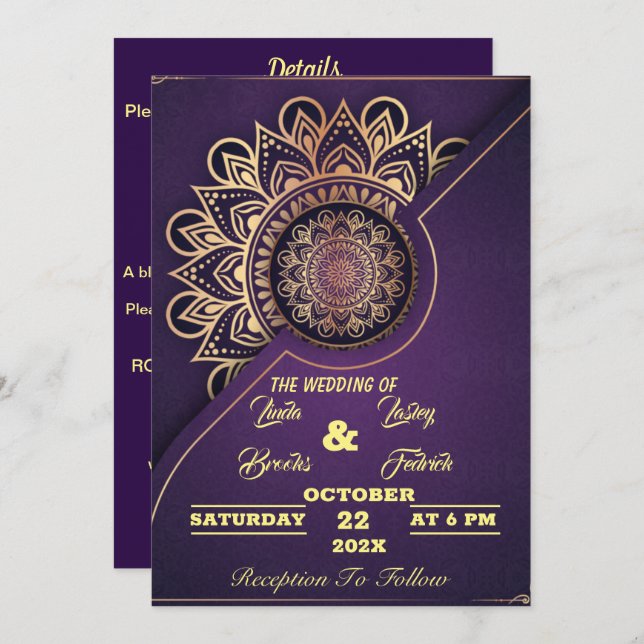 Invitación Marcas de esquí | Mandala Purple Calligraphic Boda (Anverso / Reverso)