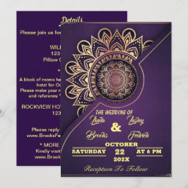 Invitación Marcas de esquí | Mandala Purple Calligraphic Boda
