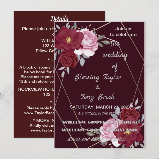 Invitación Marcas de esquí | Maroon Elegant Boda caligráfico  (Anverso / Reverso)