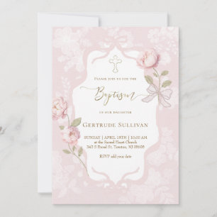 Invitación marcial de peonías acuarela rosa marco Bautizo