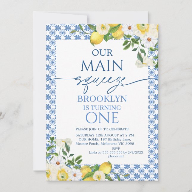 Invitación Marco Amarillo Floral Lemon Main Squeeze Cumpleaño (Anverso)