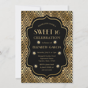 Invitación Marco Antiguo Art Déco Negro y Dorado Cumpleaños 1