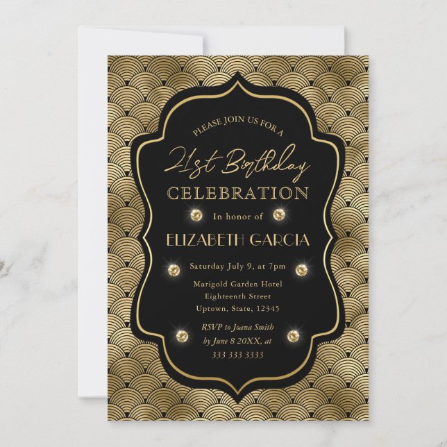 Invitación Marco Antiguo Art Déco Negro y Dorado Cumpleaños 2 (Anverso)