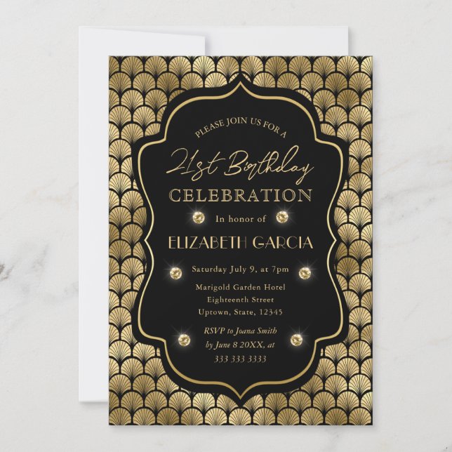 Invitación Marco Antiguo Art Déco Negro y Dorado Cumpleaños 2 (Anverso)