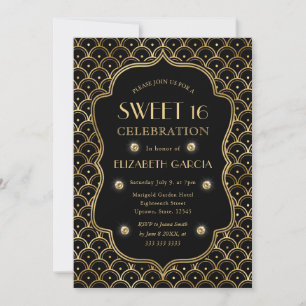 Invitación Marco antiguo Art Deco negro y dorado Dulces 16