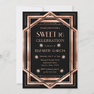 Invitación Marco Antiguo Art Déco Negro y Dorado Rosa Dulces
