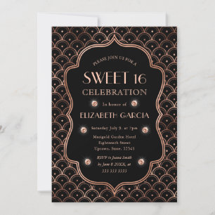 Invitación Marco Antiguo Art Déco Negro y Dorado Rosa Dulces 