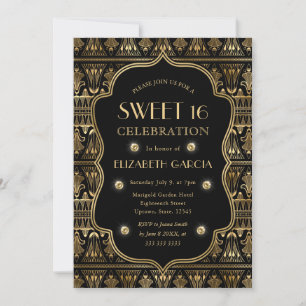 Invitación Marco Antiguo Art Déco Negro y Dorado Sweet 16