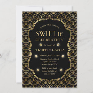 Invitación Marco antiguo Art Déco negro y dorado Sweet 16