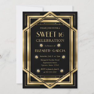 Invitación Marco antiguo Art Déco negro y dorado Sweet 16