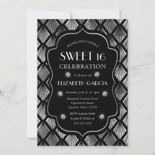 Invitación Marco Antiguo Art Déco Negro y Plateado Cumpleaños