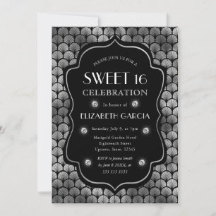 Invitación Marco antiguo Art Déco negro y plateado Dulces 16
