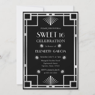 Invitación Marco antiguo Art Deco negro y plateado Dulces 16