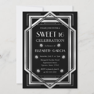 Invitación Marco antiguo Art Deco negro y plateado Dulces 16