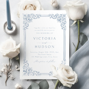 Invitación Marco Antiguo Azul Polvoriento Elegante Boda 