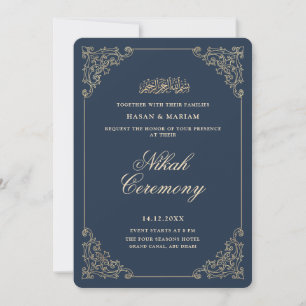 Invitación Marco Antiguo Barroco Azul Marino Ceremonia Nikah
