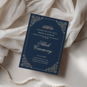Invitación Marco Antiguo Barroco Azul Marino Ceremonia Nikah