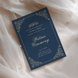 Invitación Marco Antiguo Barroco Azul Marino Ceremonia Walima
