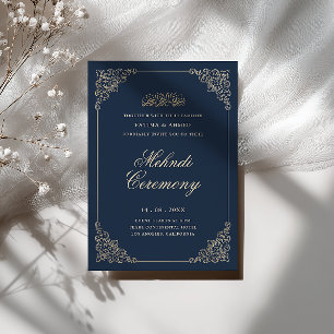 Invitación Marco Antiguo Barroco Ceremonia Mehndi Azul Marino