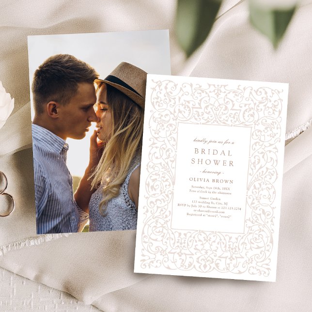 Invitación Marco Antiguo de Marfil para Despedida de Soltera (Ivory Vintage Ornate Frame Bridal Shower Invitation)