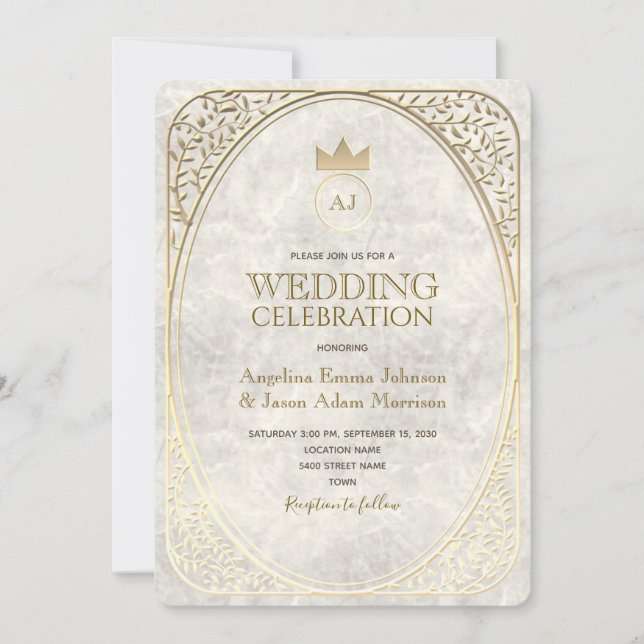 Invitación Marco Antiguo de Mármol y Dorado Floral para Boda (Anverso)