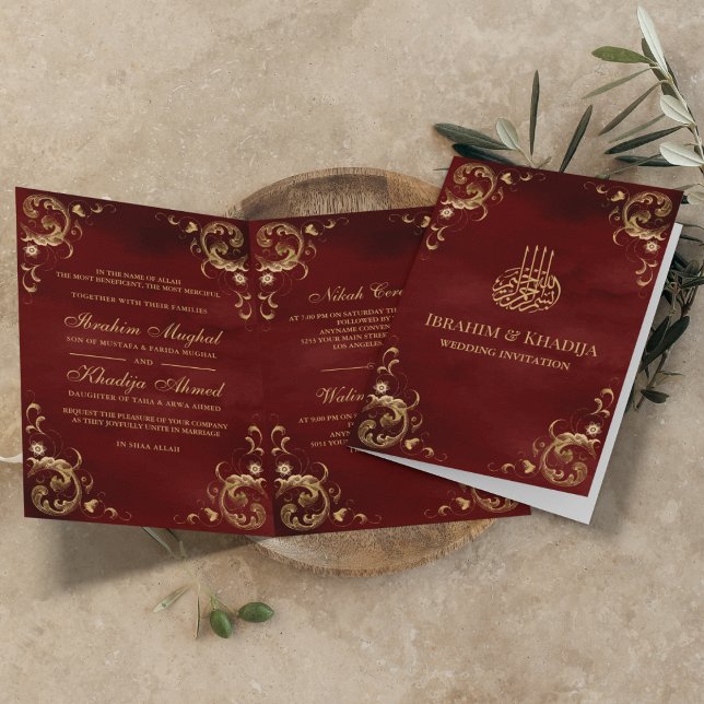 Invitación Marco antiguo de oro Borgoña Boda islámico rojo (Subido por el creador)