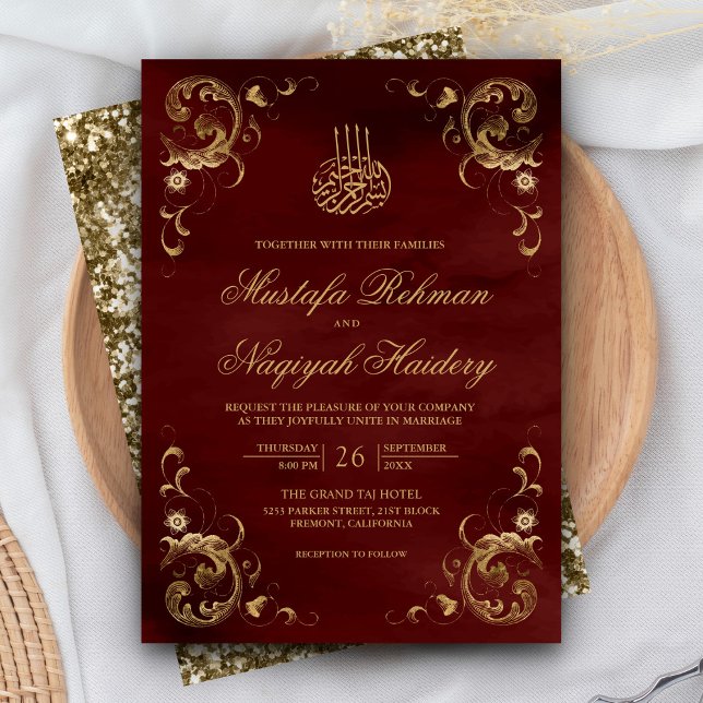 Invitación Marco antiguo de oro Borgoña Boda islámico rojo (Subido por el creador)