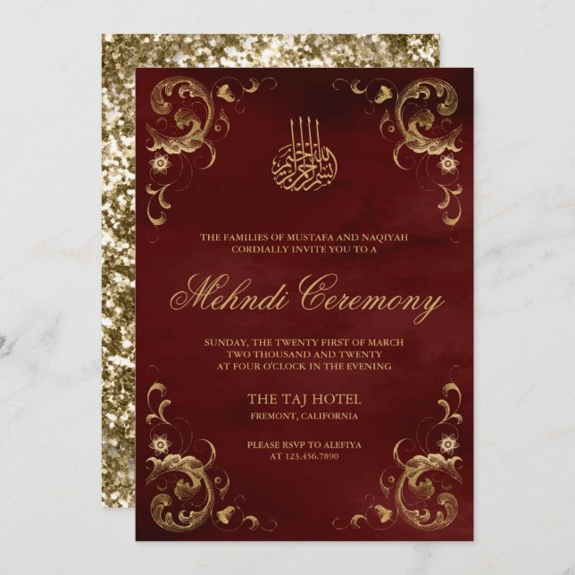 Invitación Marco antiguo de oro Borgoña Mehndi islámico rojo (Anverso / Reverso)