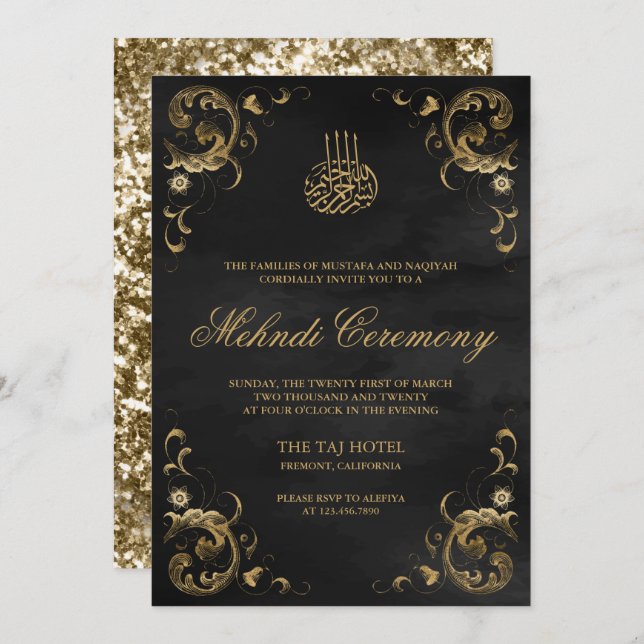 Invitación Marco antiguo dorado Mehndi islámico negro (Anverso / Reverso)