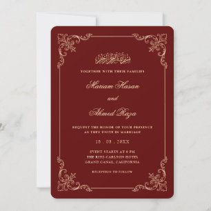 Invitación Marco Antiguo Dorado Rojo Borgoña Boda Musulmana