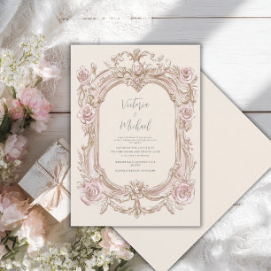 Invitación Marco Antiguo Floral Rosa Elegante Boda