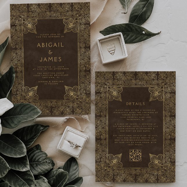Invitación Marco Antiguo Marrón Dorado Código QR Boda (Subido por el creador)