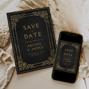 Invitación Marco Antiguo Negro Dorado Boda Guardar la Fecha