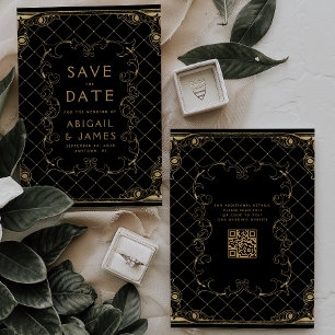 Invitación Marco Antiguo Negro Dorado Boda Guardar la Fecha
