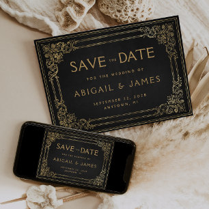 Invitación Marco Antiguo Negro Dorado Boda Guardar la Fecha