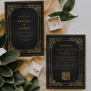 Invitación Marco Antiguo Negro Dorado Código QR Boda