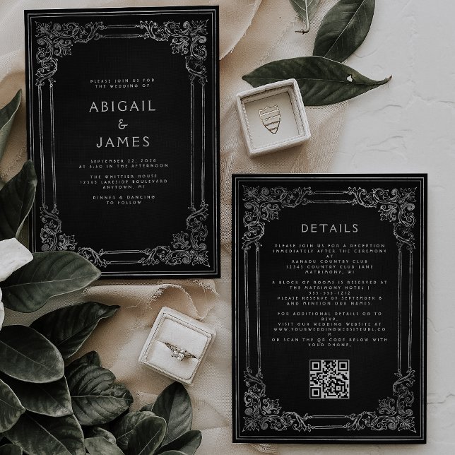 Invitación Marco Antiguo Negro Plateado Código QR Boda (Subido por el creador)