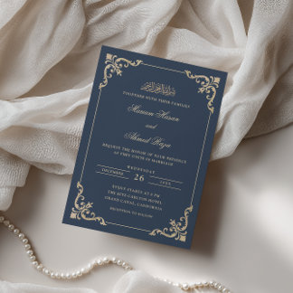 Invitación Marco Antiguo Rococó Boda Musulmana Azul Marino Do